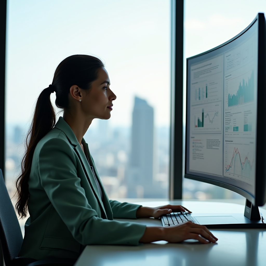 Profesionist analizând date și grafice pe un monitor mare în birou modern