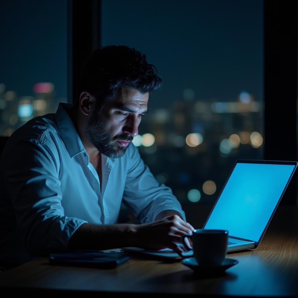 Profesionist lucrând târziu noaptea la laptop, față obosită dar concentrată